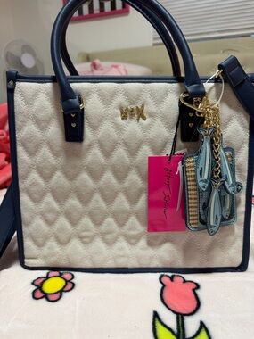 Betsey Johnson Cream and Navy Quilted Tote  Sardines Tote with Charm